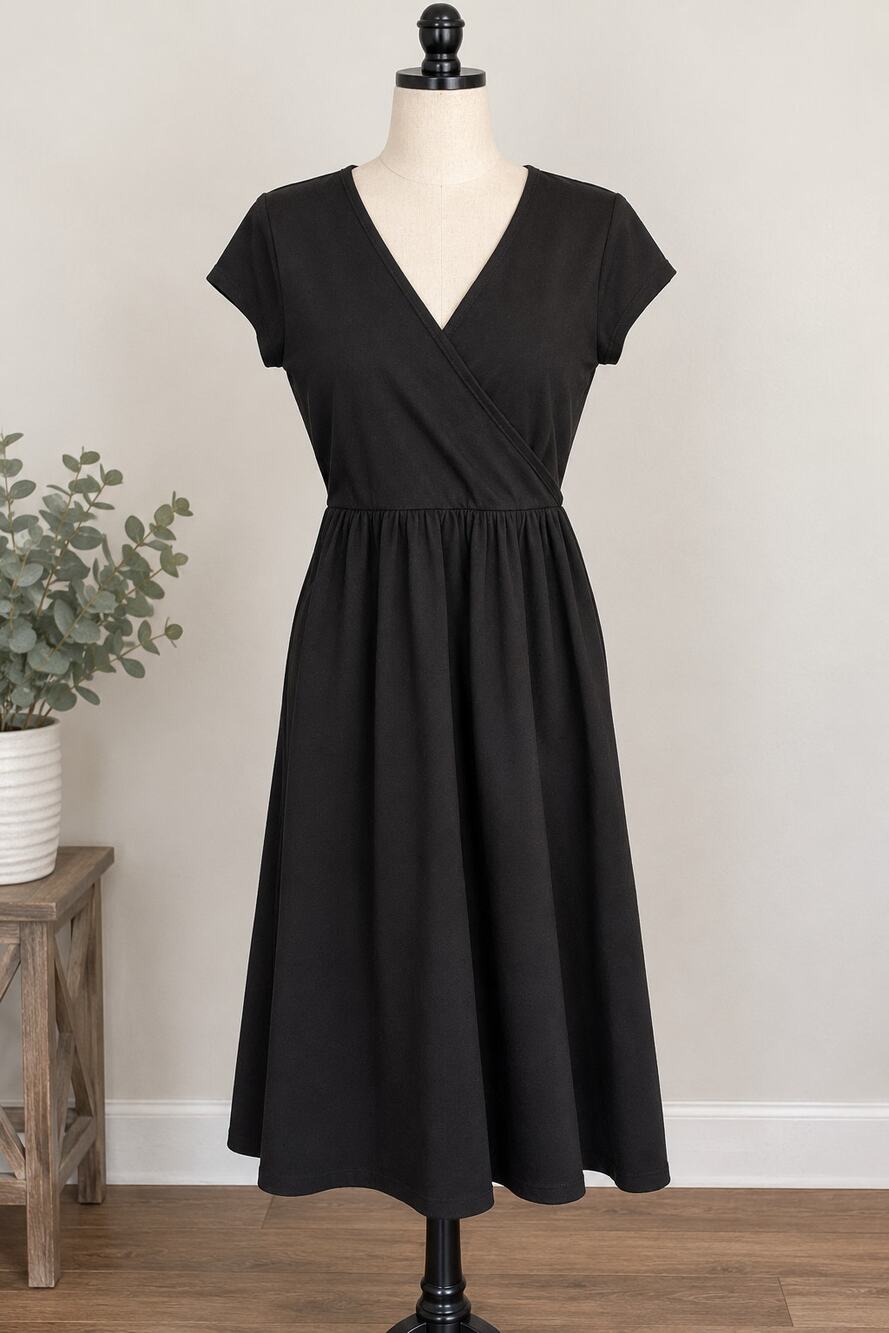 Pact Organic Cotton Fit & Flare Crossover Wrap Dress Black Medium Pockets
